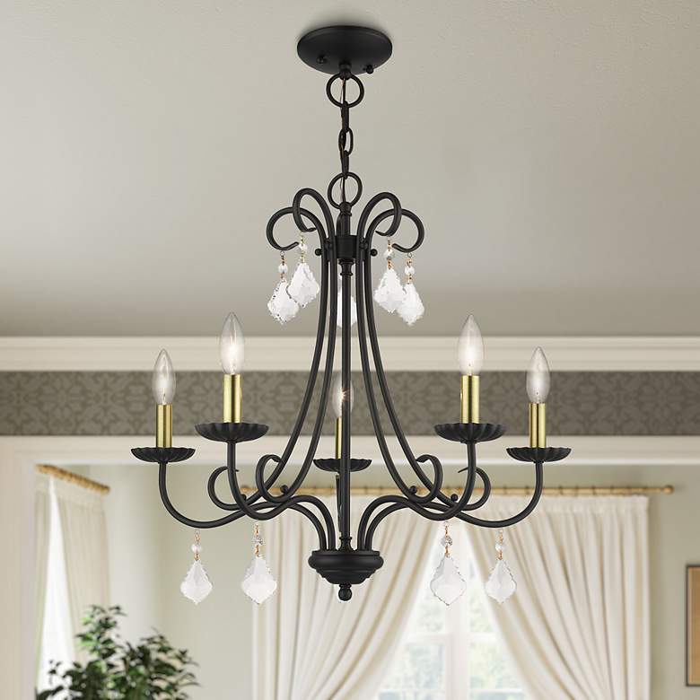 Image 1 5 Light Black Chandelier with Antique Brass Finish Accents
