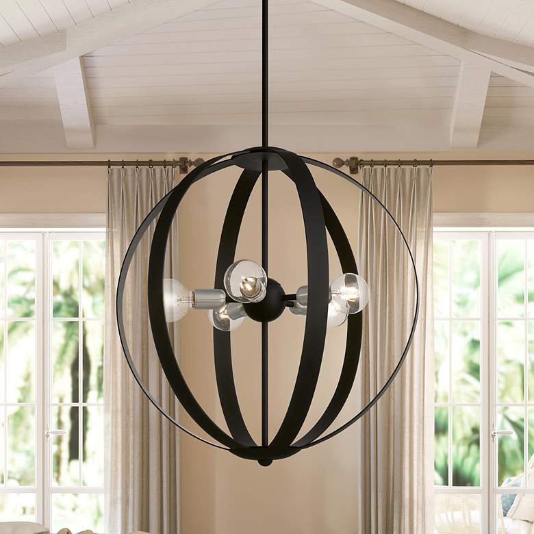 Image 1 5 Light Black Pendant Chandelier with Brushed Nickel Accents