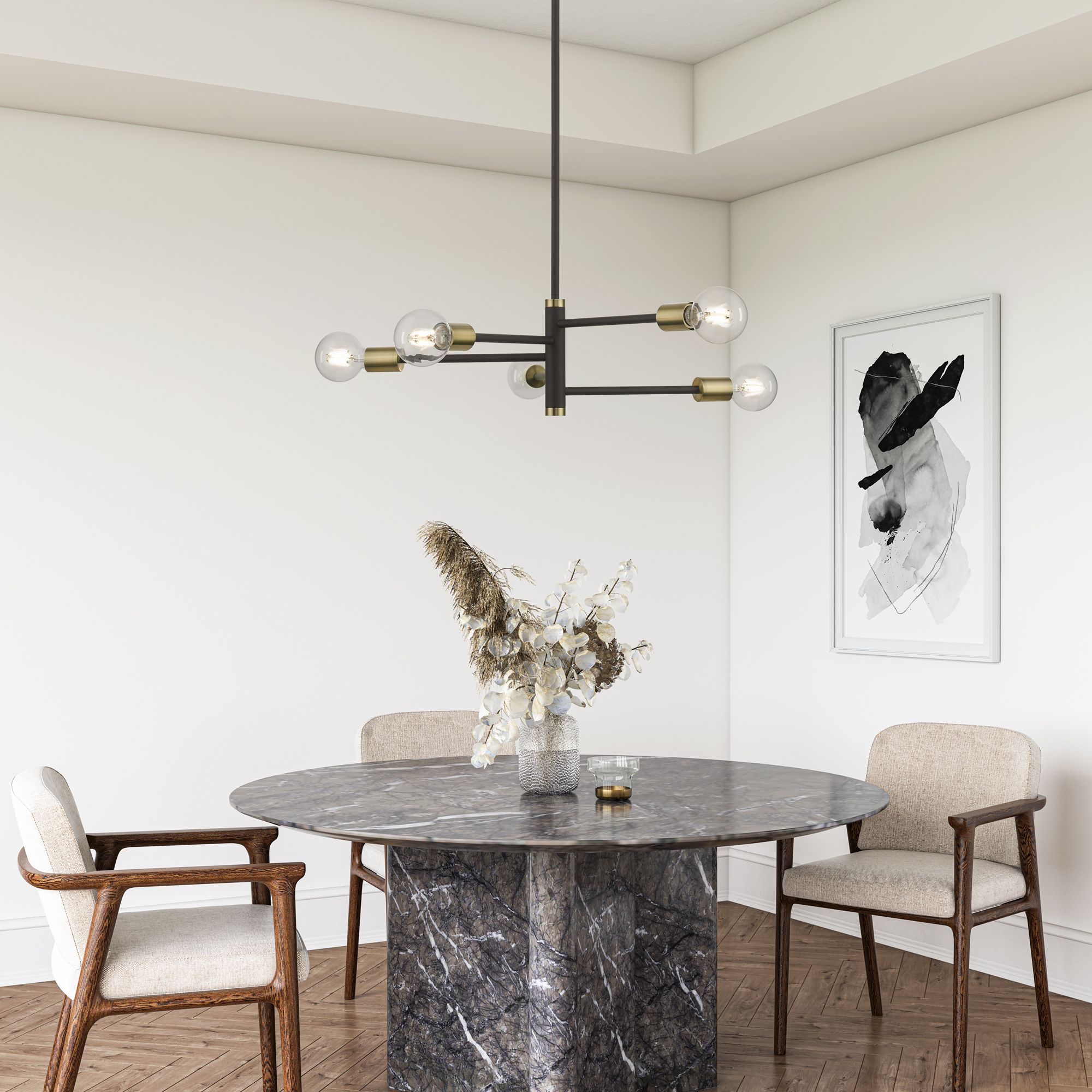 5 Light Bronze Chandelier with Antique Brass Accents