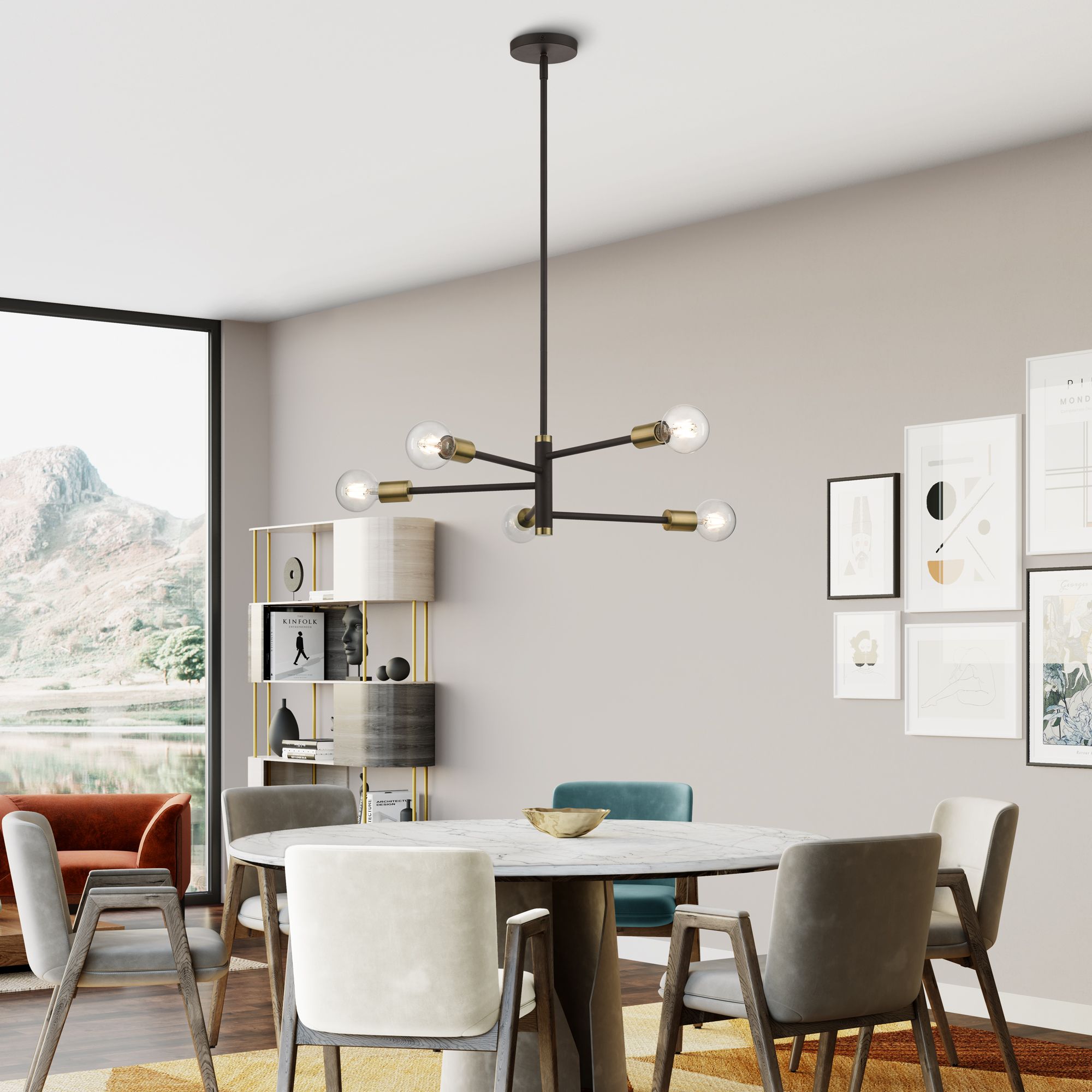 5 Light Bronze Chandelier with Antique Brass Accents