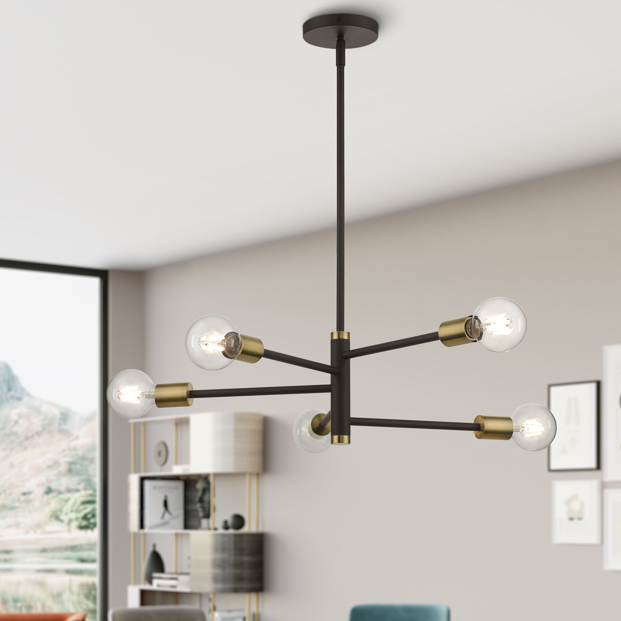 5 Light Bronze Chandelier with Antique Brass Accents