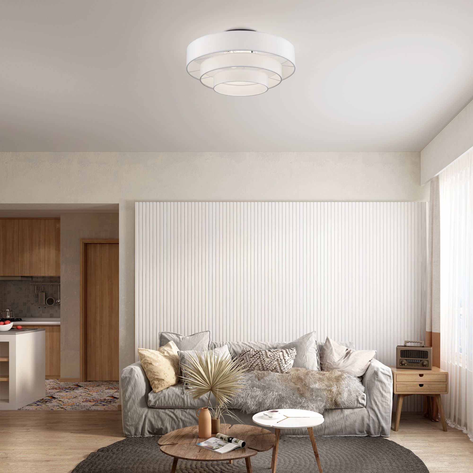 5 Light Bronze Semi-Flush with Off-White Shades