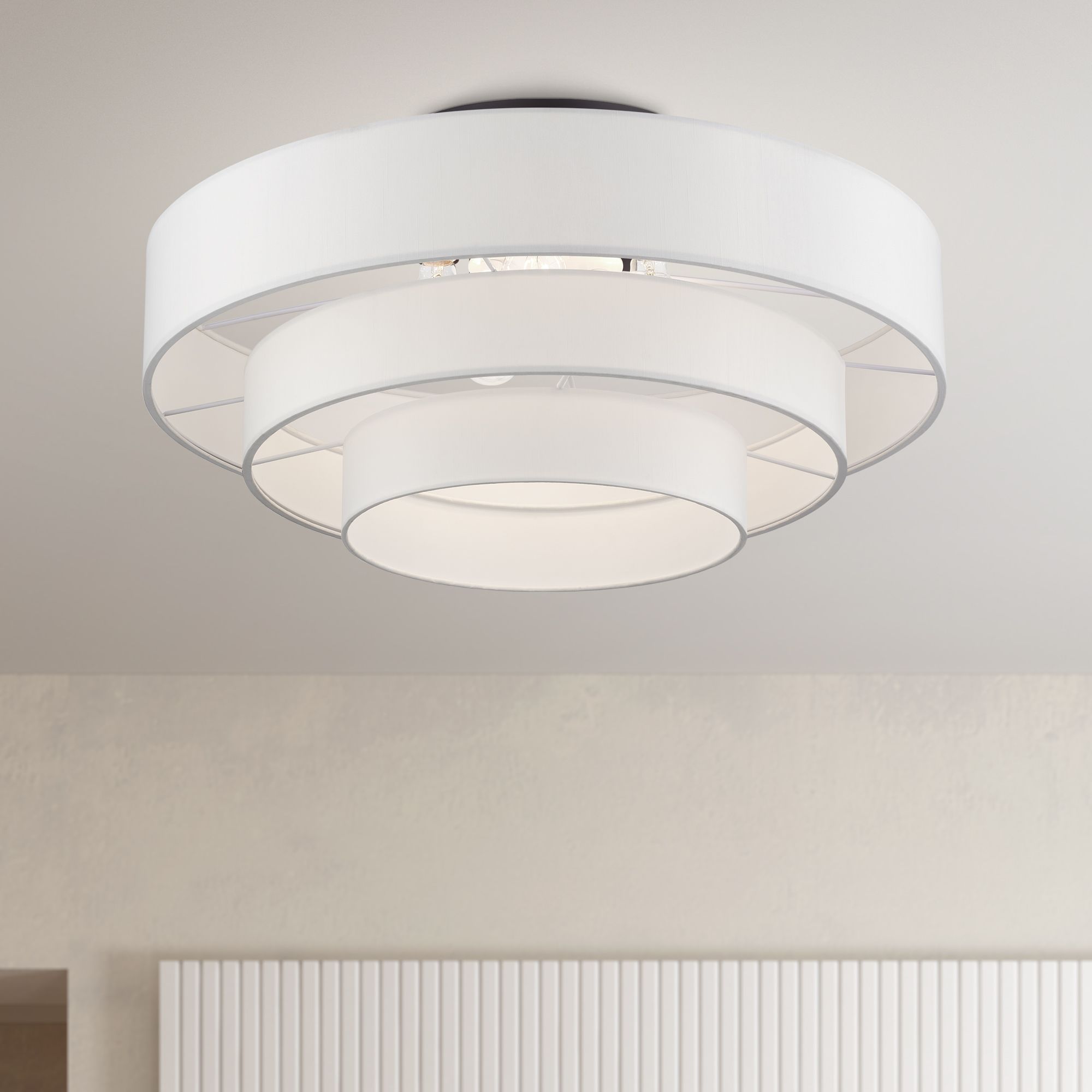 5 Light Bronze Semi-Flush with Off-White Shades