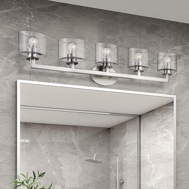 Image 1 5 Light Brushed Nickel Vanity Sconce with Mouth Blown Clear Glass