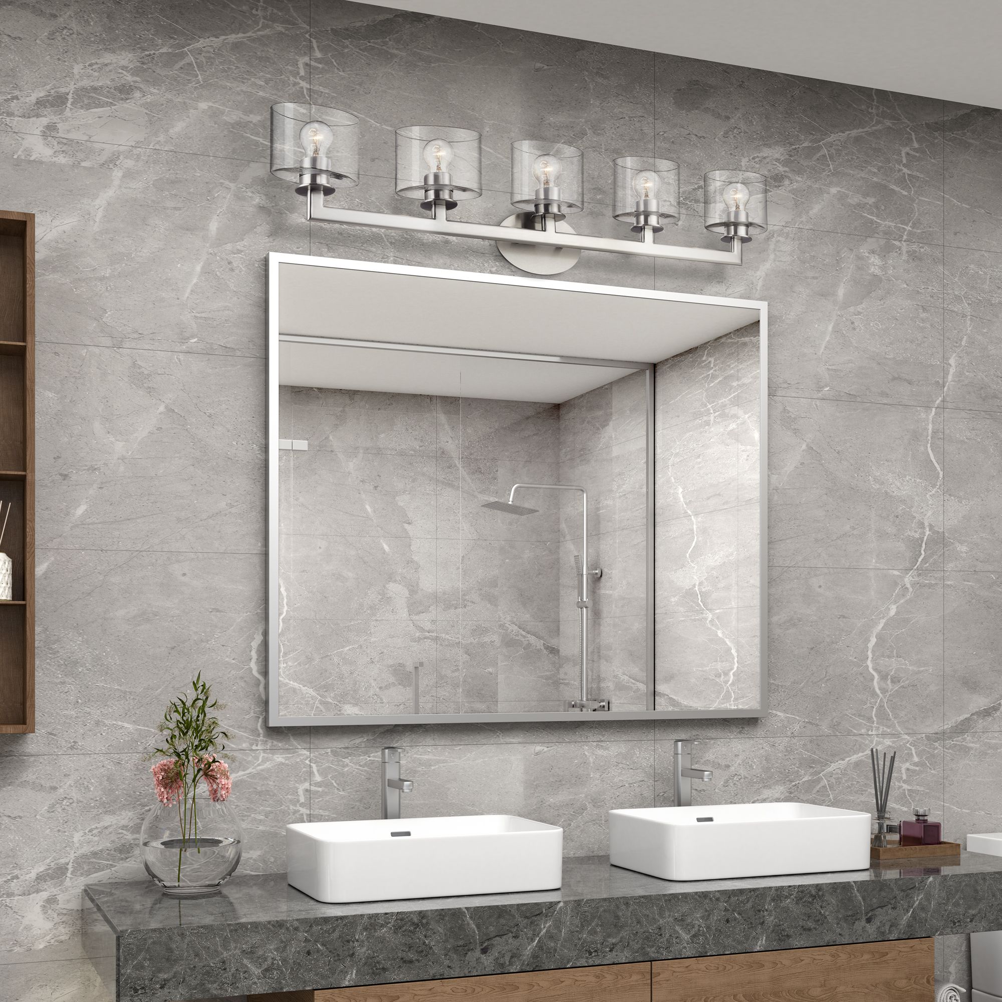 5 Light Brushed Nickel Vanity Sconce with Mouth Blown Clear Glass