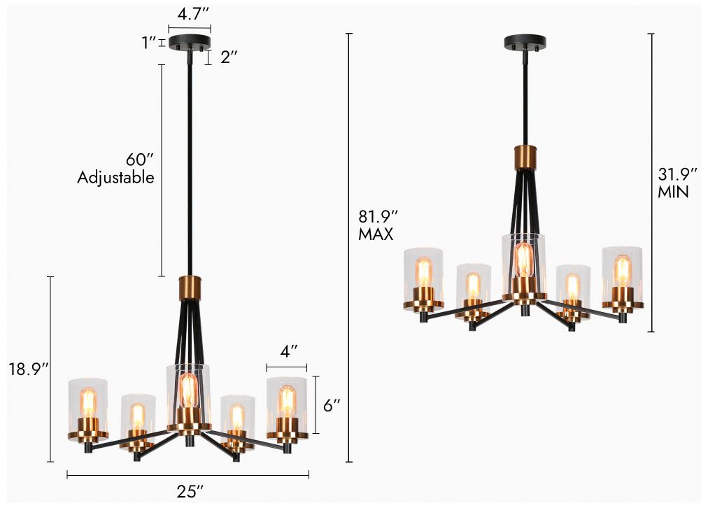 Image 4 5-Light Matte Black and Plating Brass Chandeliers with Clear Glass more views