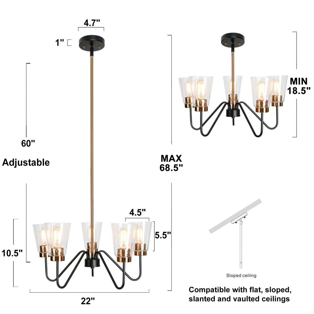 Image 2 5-Light Matte Black and Plating Brass Chandeliers with Seeded Glass more views