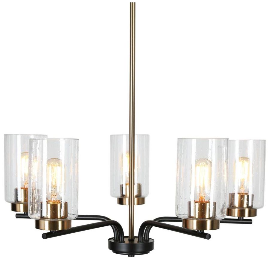 5-Light Matte Black and Plating Brass Chandeliers with Seeded Glass
