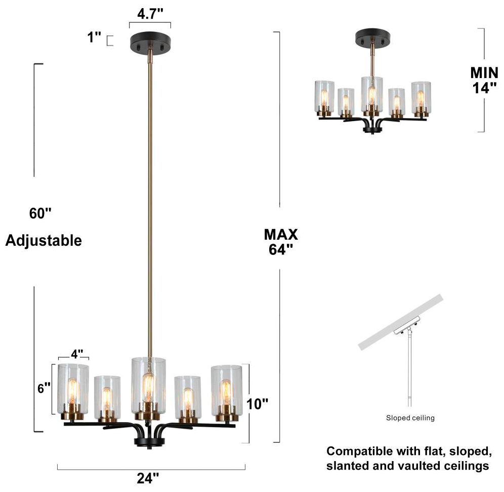 Image 2 5-Light Matte Black and Plating Brass Chandeliers with Seeded Glass more views