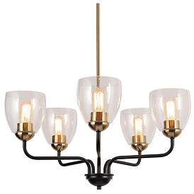 Image1 of 5-Light Matte Black and Plating Brass Chandeliers with Seeded Glass