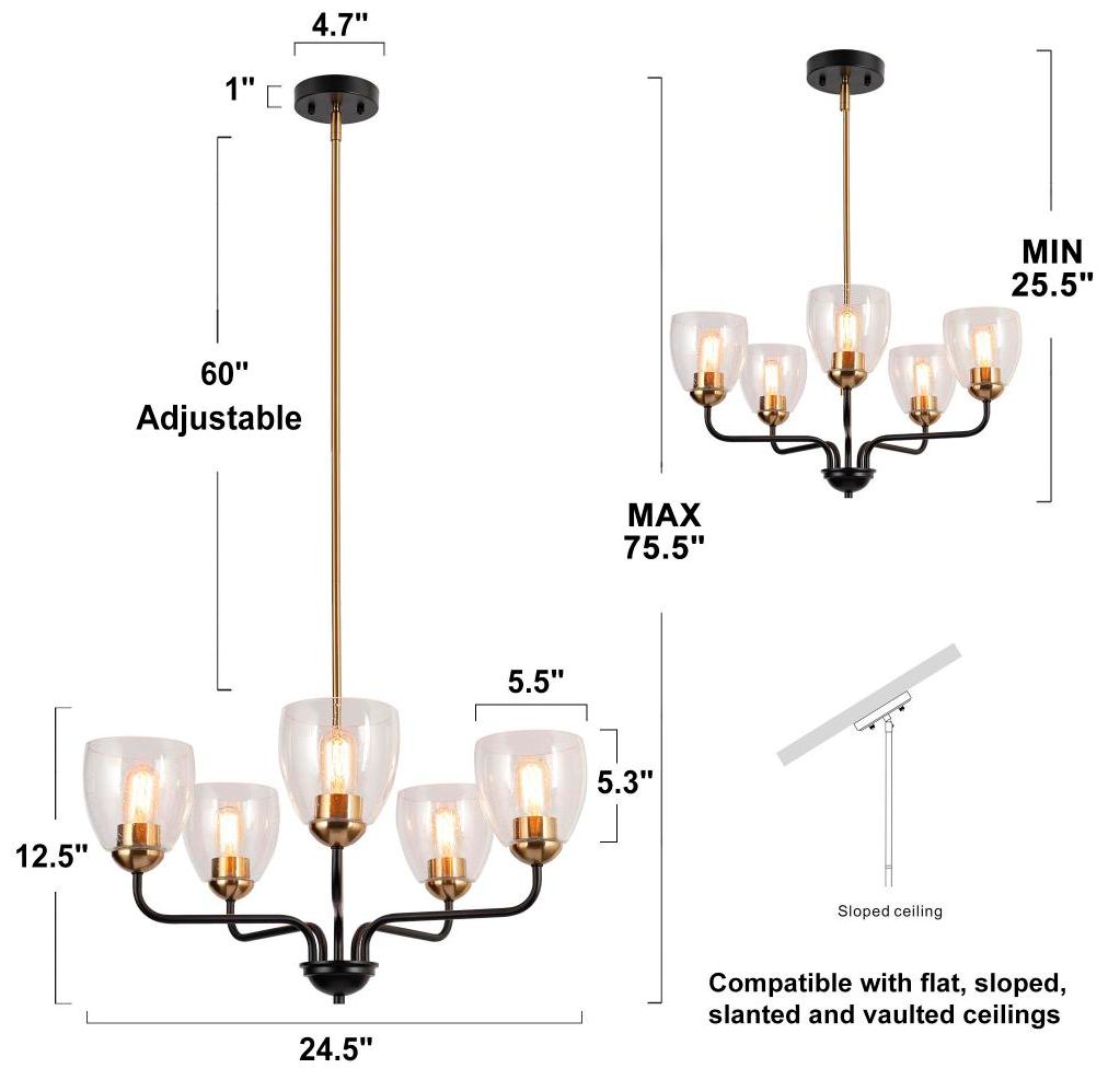Image 4 5-Light Matte Black and Plating Brass Chandeliers with Seeded Glass more views