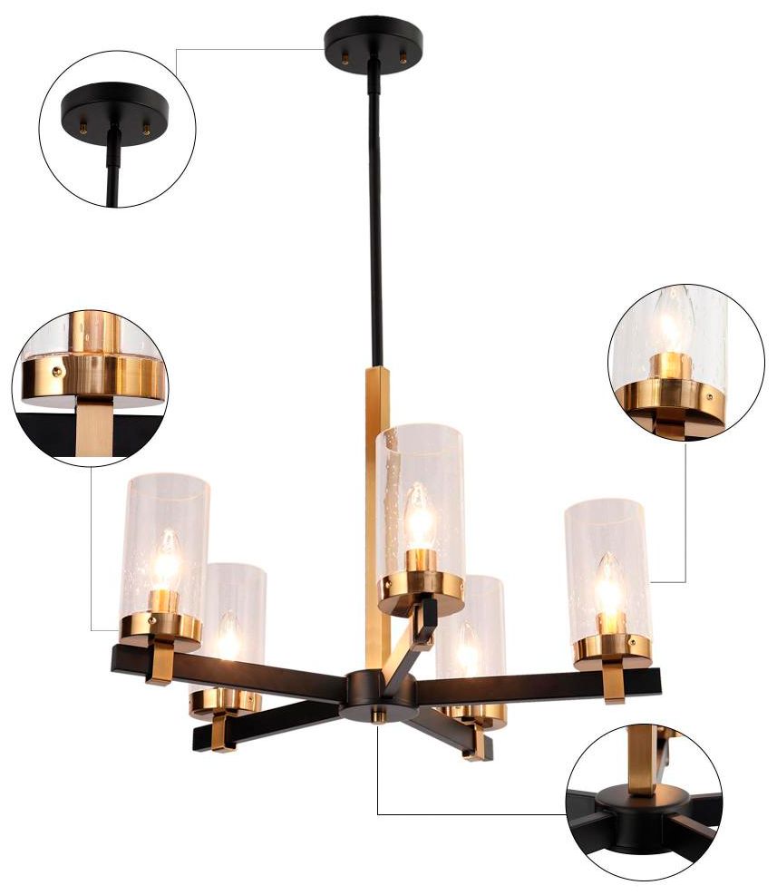 Image 2 5-Light Matte Black and Plating Brass Chandeliers with Seeded Glass more views