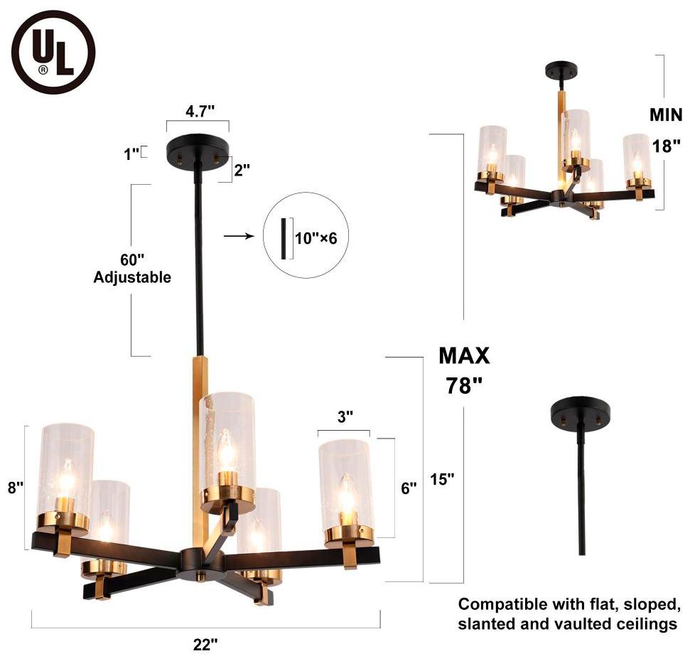 Image 3 5-Light Matte Black and Plating Brass Chandeliers with Seeded Glass more views