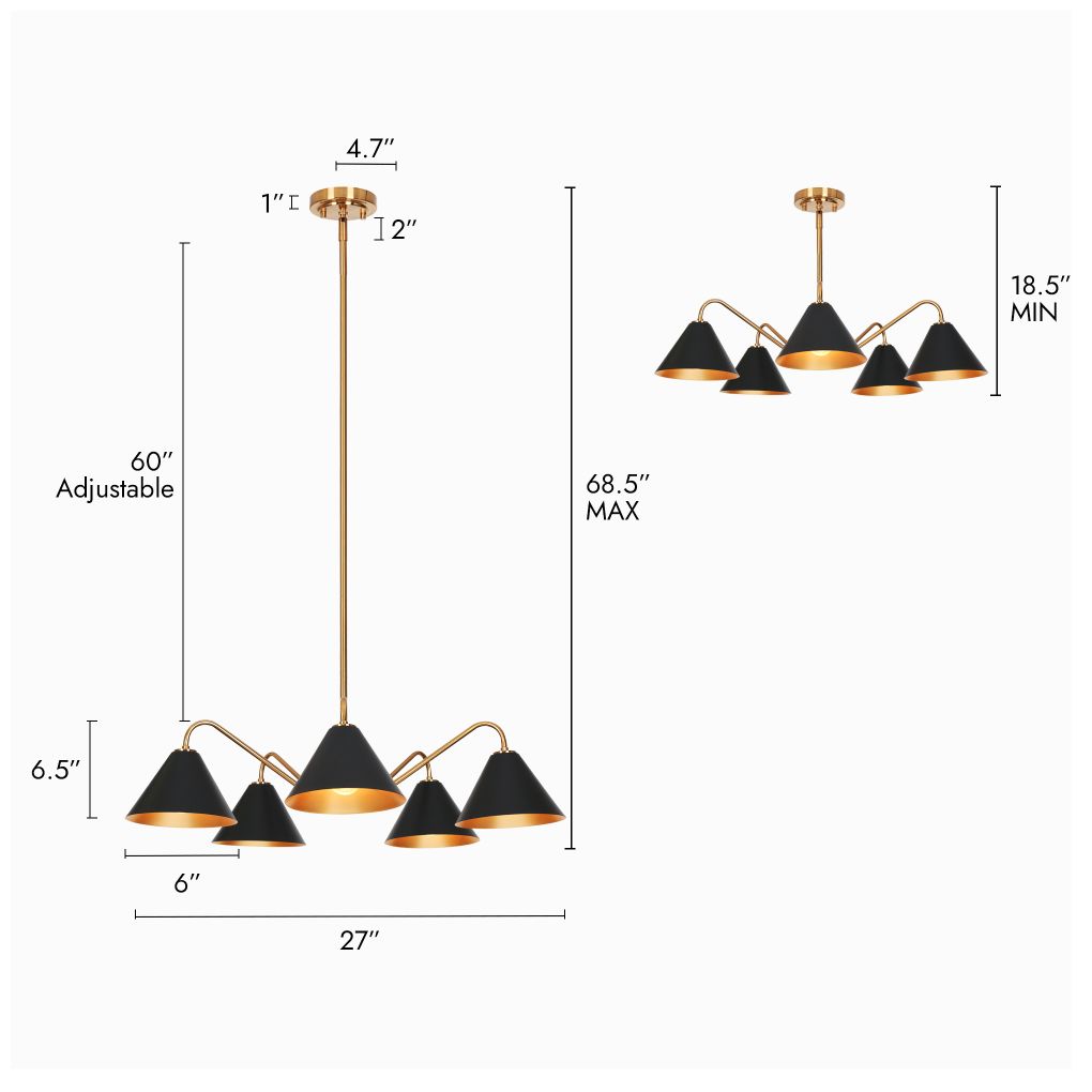 Image 3 5-Light Matte Black and Plating Brass Chandeliers more views
