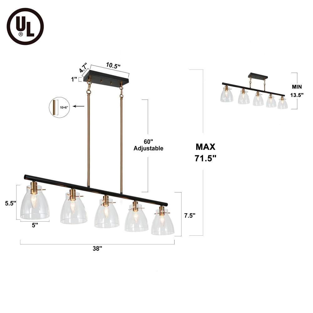 Image 2 5-Light Matte Black and Plating Brass Island Lamp with Clear Glass more views