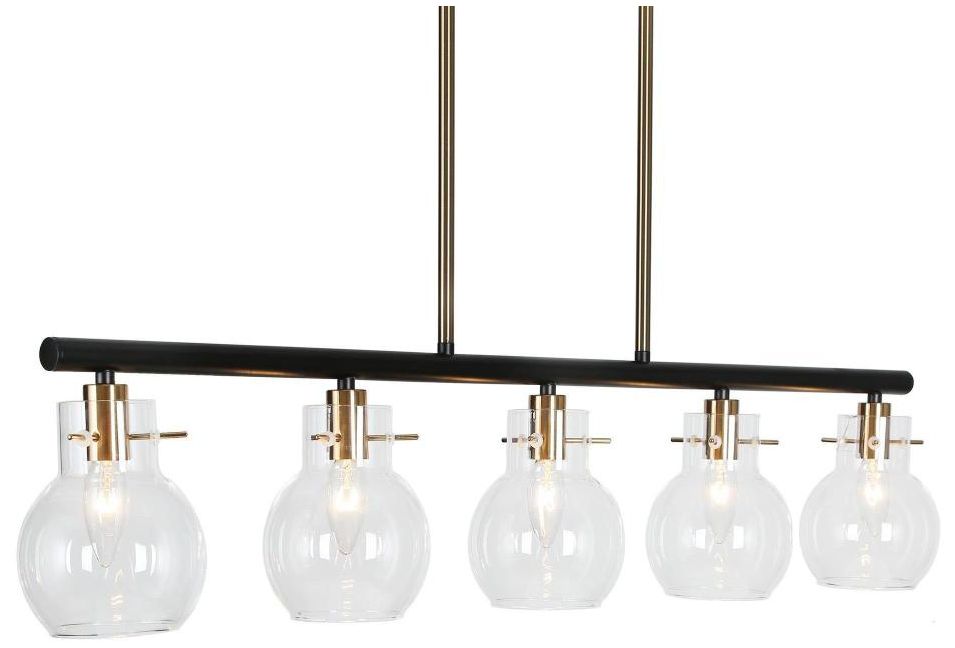 5-Light Matte Black and Plating Brass Island Lamp with Clear Glass