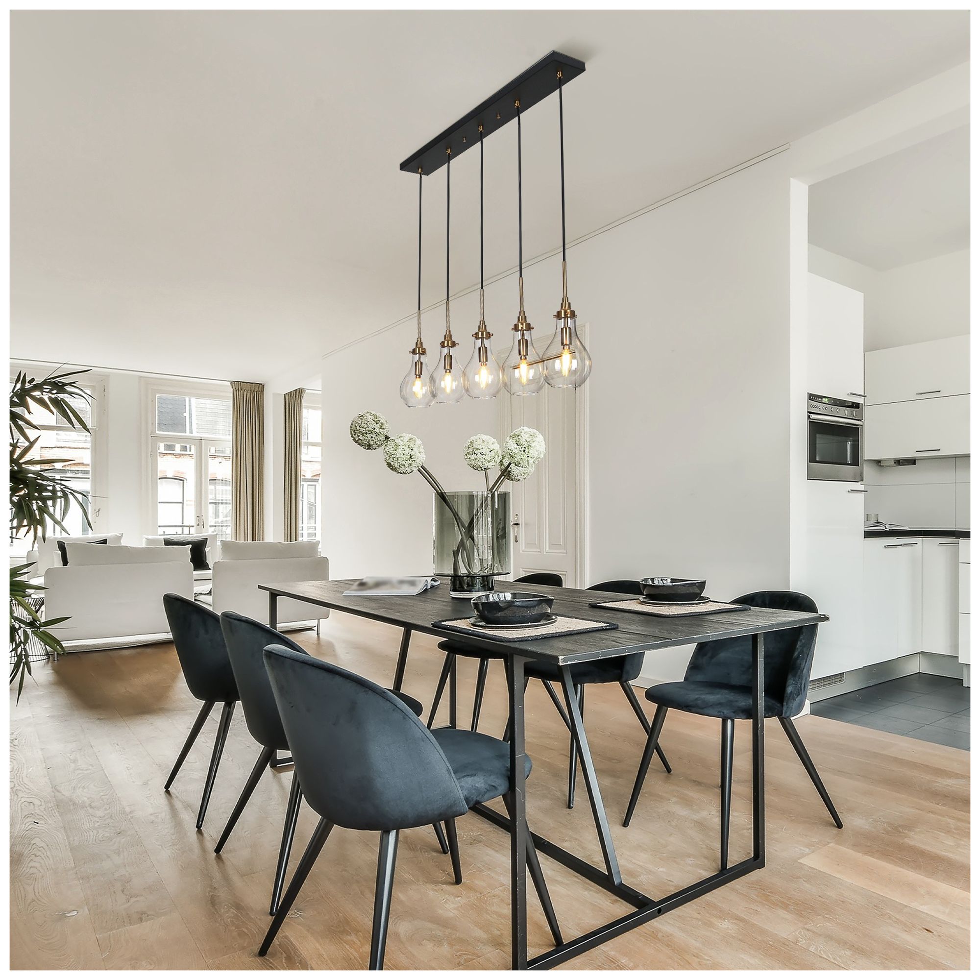 Image 7 5-Lights 31.9"W Linear Matt Black and Plated Brass Chandelier more views