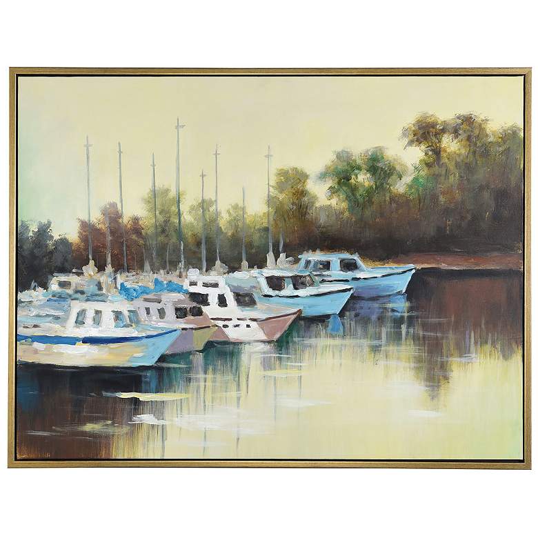 Image 1 50" x 38" Cabin Boats Gold Frame Hand Painted Canvas Wall Art