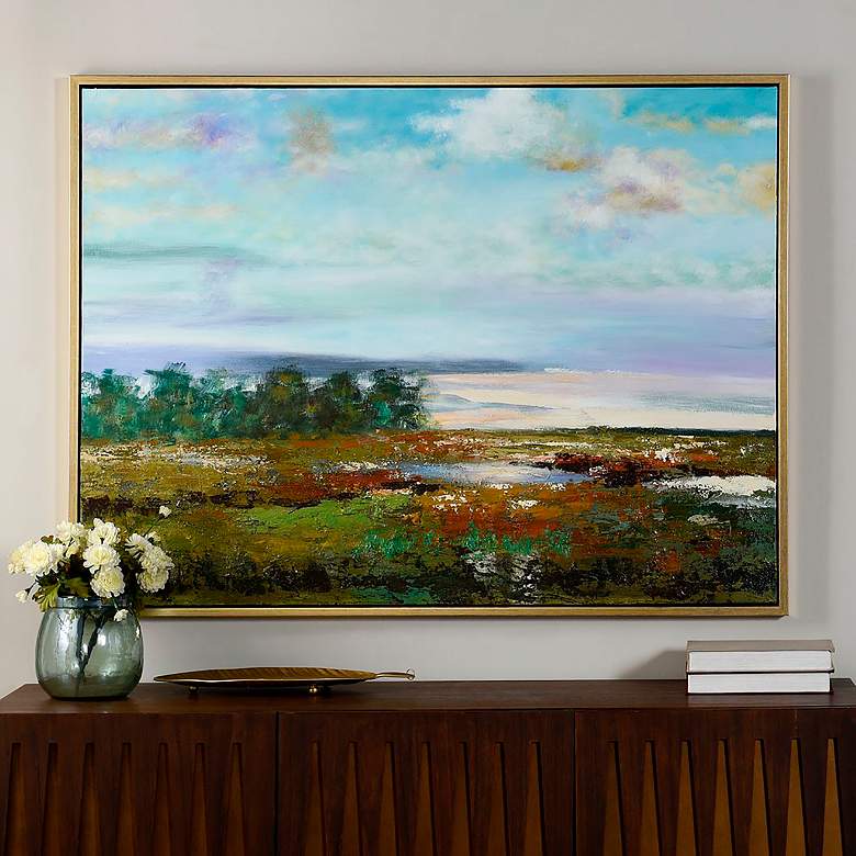 Image 1 50" x 38" Colorful View Gold Frame Hand Painted Canvas Wall Art