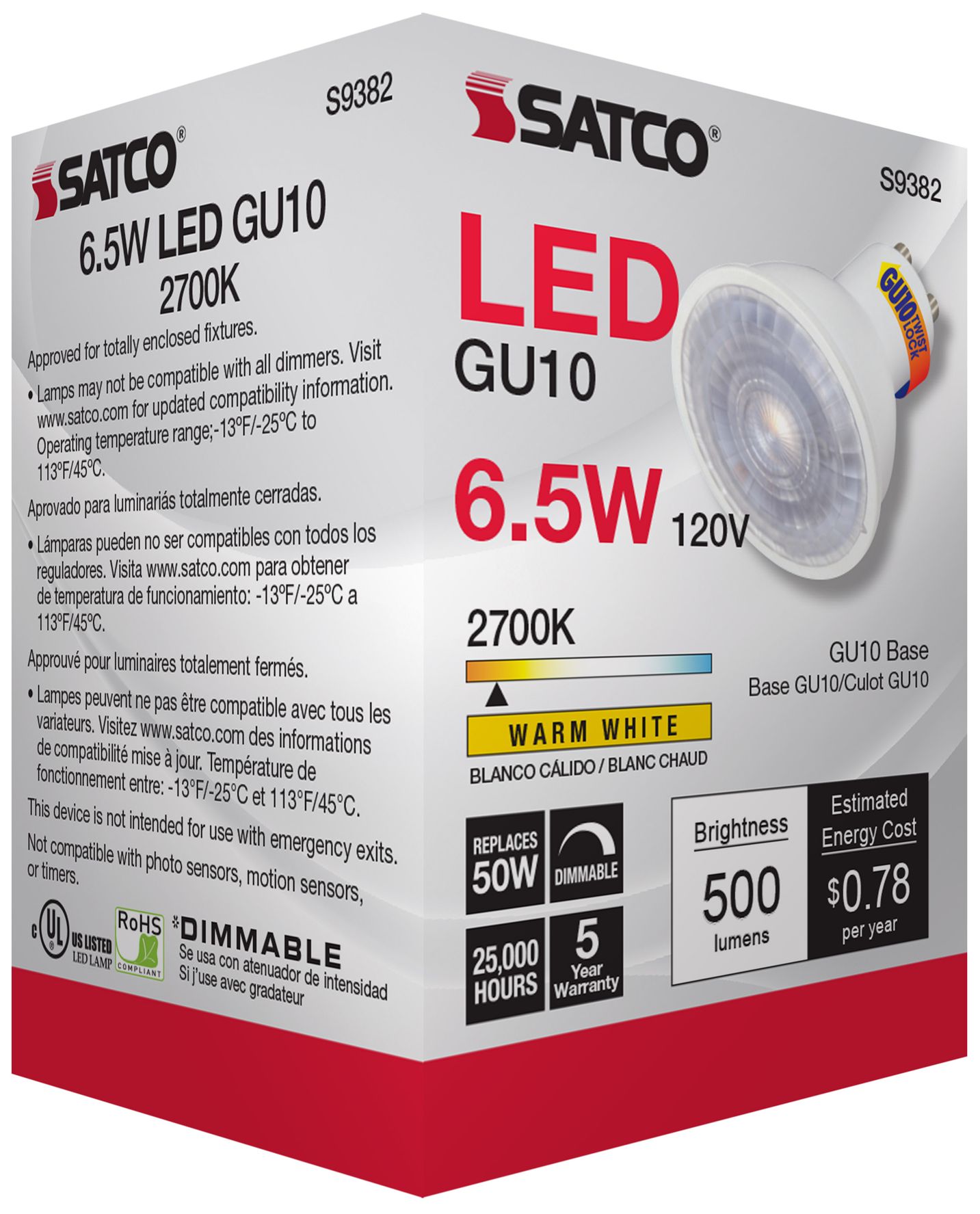 50 Watt Equivalent Satco White 6.5W 500L LED Dimmable Bi-Pin Pack of 6