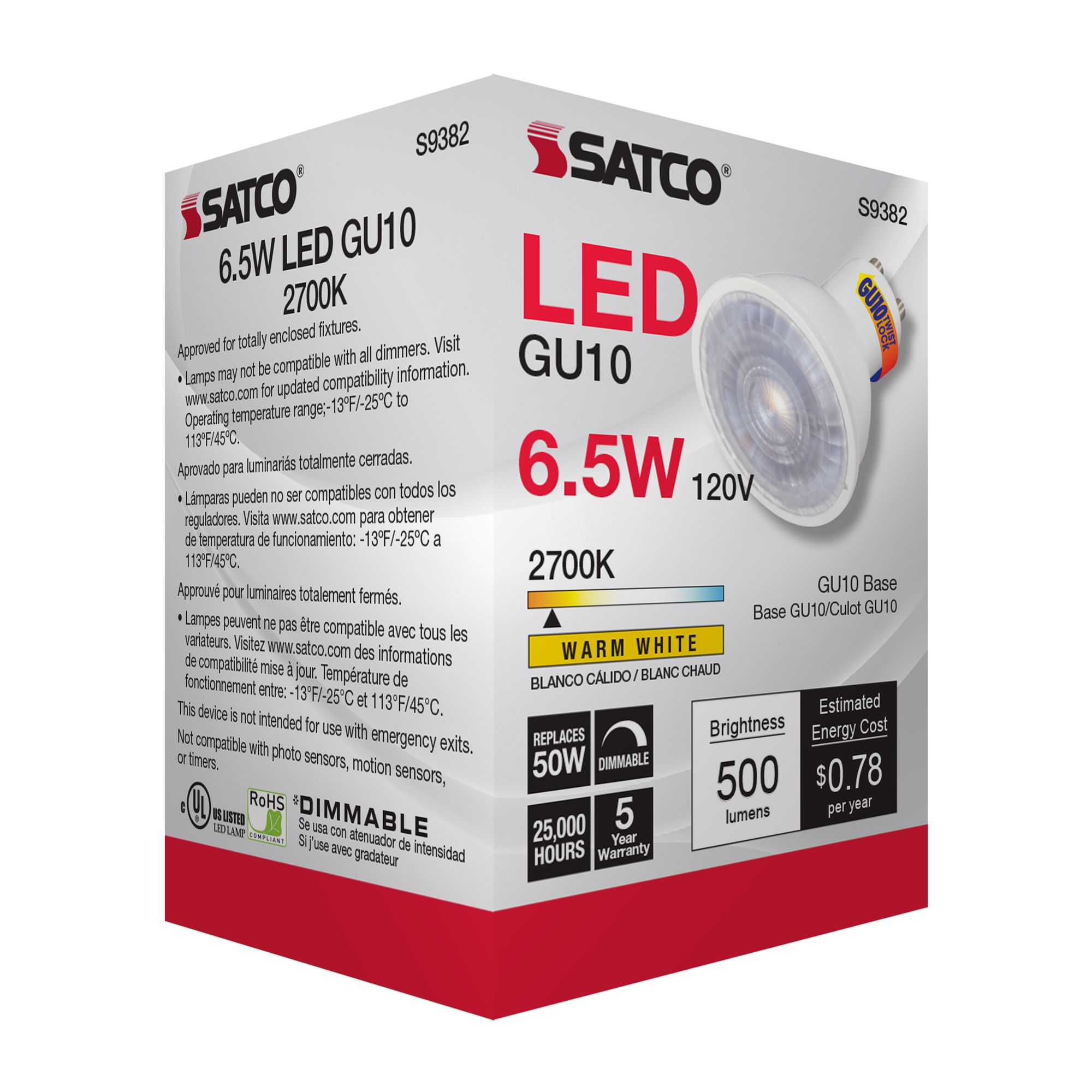50 Watt Equivalent Satco White 6.5W 500L LED Dimmable Bi-Pin in scene