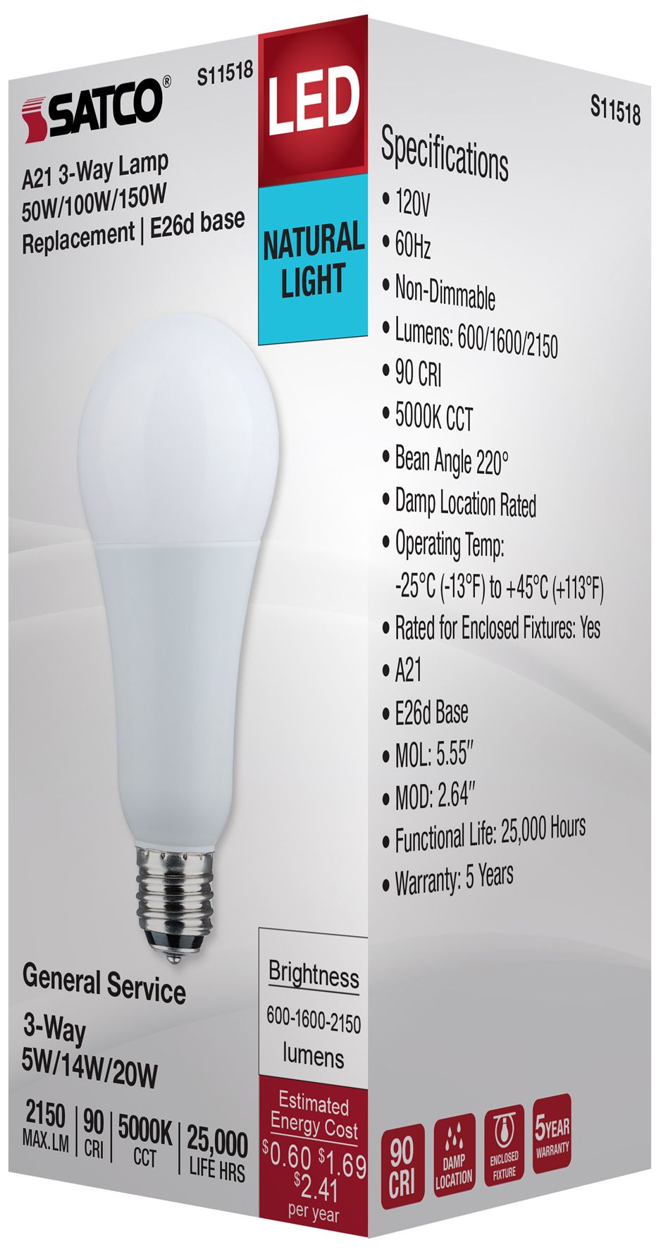 Image 6 50W-100W-150W Equivalent 5W-14W-20W Standard Base 3-Way Light Bulb by Satco more views