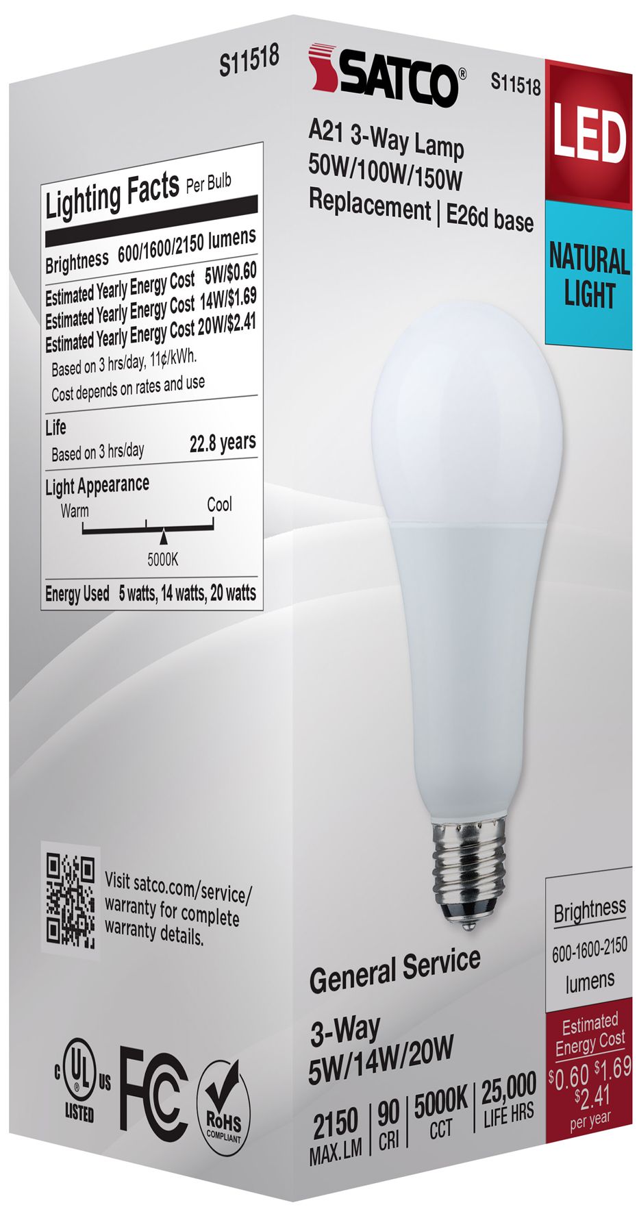 Image 7 50W-100W-150W Equivalent 5W-14W-20W Standard Base 3-Way Light Bulb by Satco more views