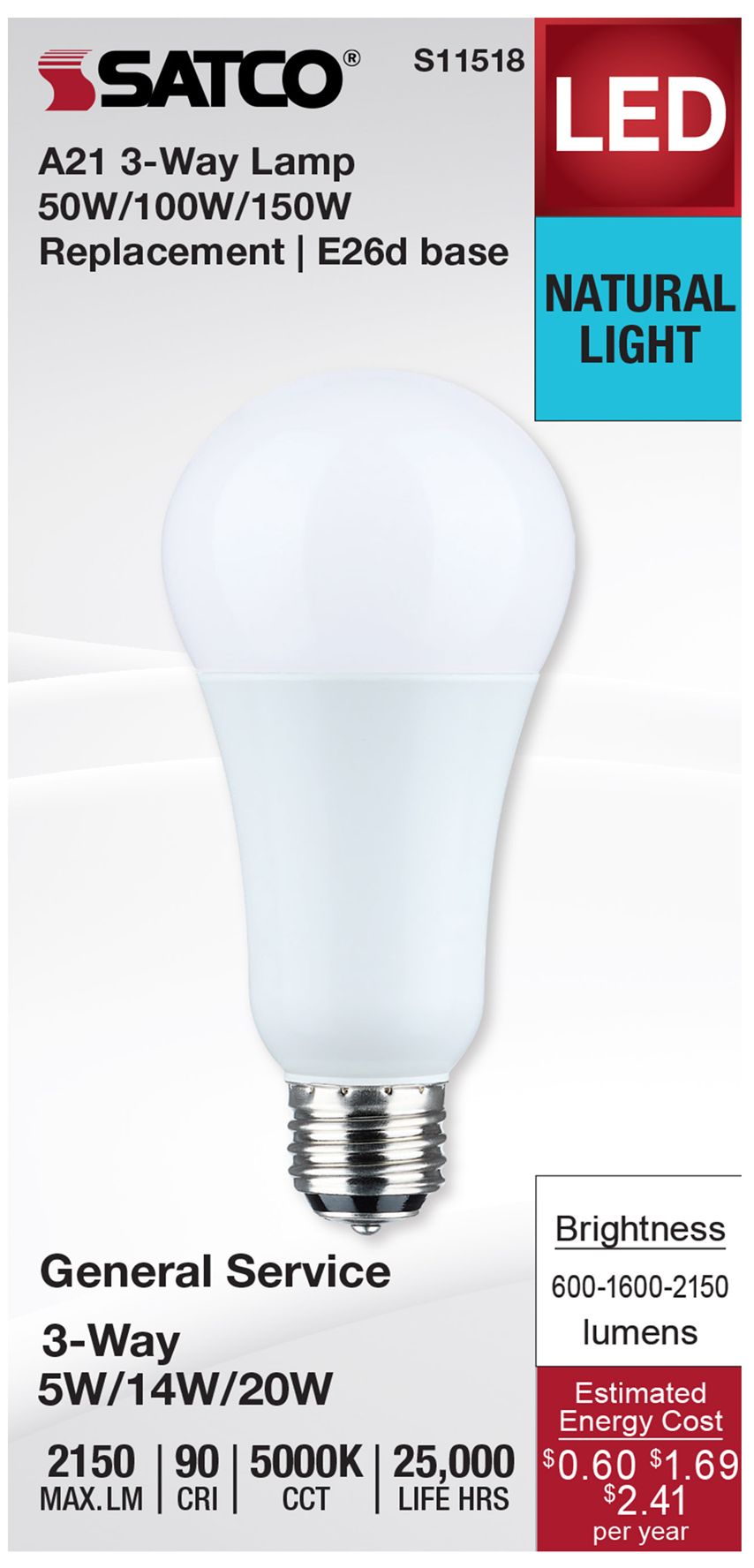 50W-100W-150W Equivalent 5W-14W-20W Standard Base 3-Way Light Bulb by Satco in scene