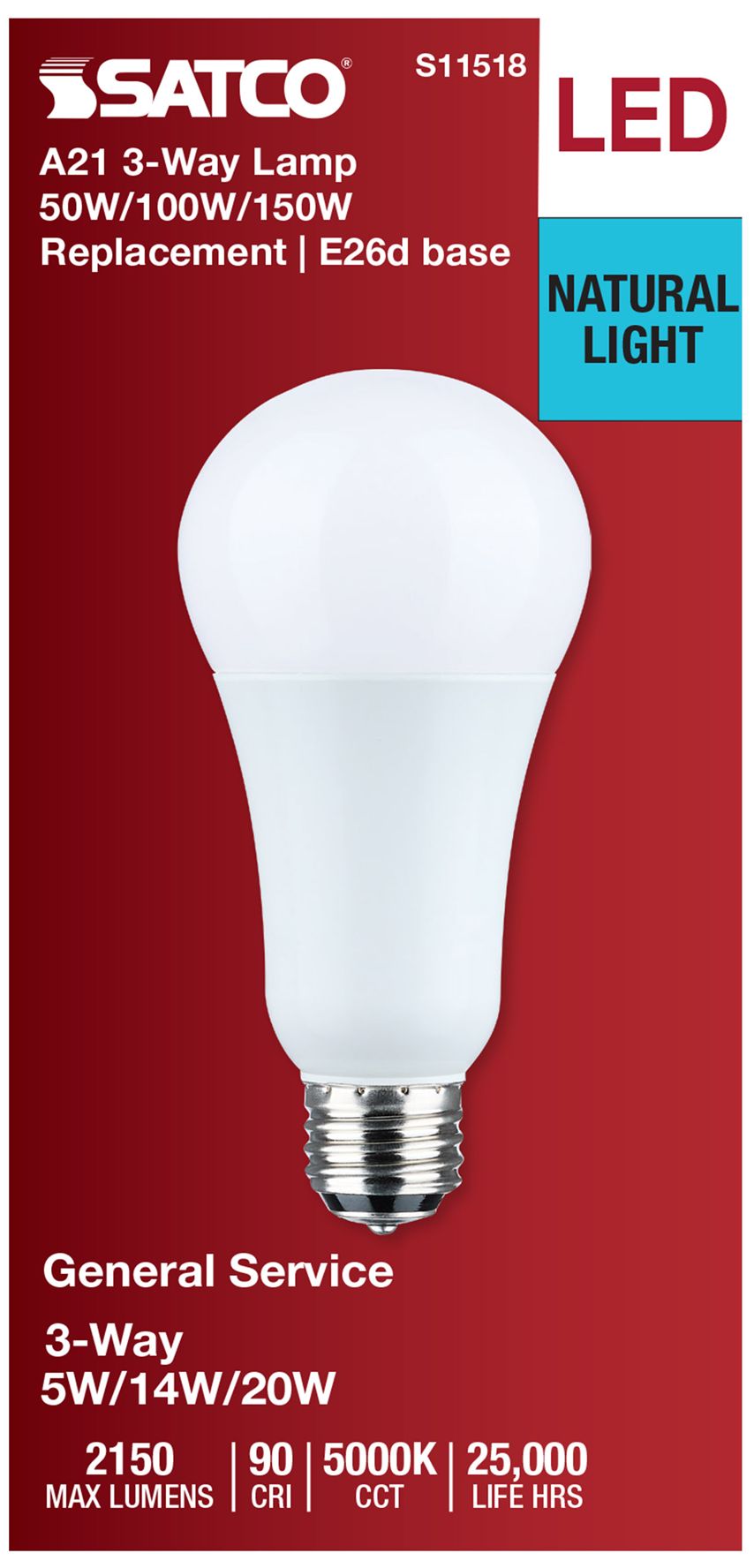 50W-100W-150W Equivalent 5W-14W-20W Standard Base 3-Way Light Bulb by Satco in scene
