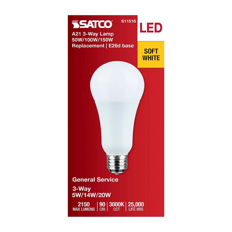 Image 5 50W-100W-150W Equivalent 5W-14W-20W Standard Base 3-Way Light Bulb by Satco more views
