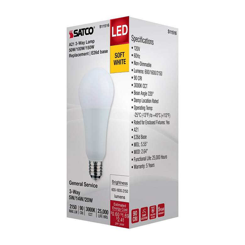 Image 7 50W-100W-150W Equivalent 5W-14W-20W Standard Base 3-Way Light Bulb by Satco more views