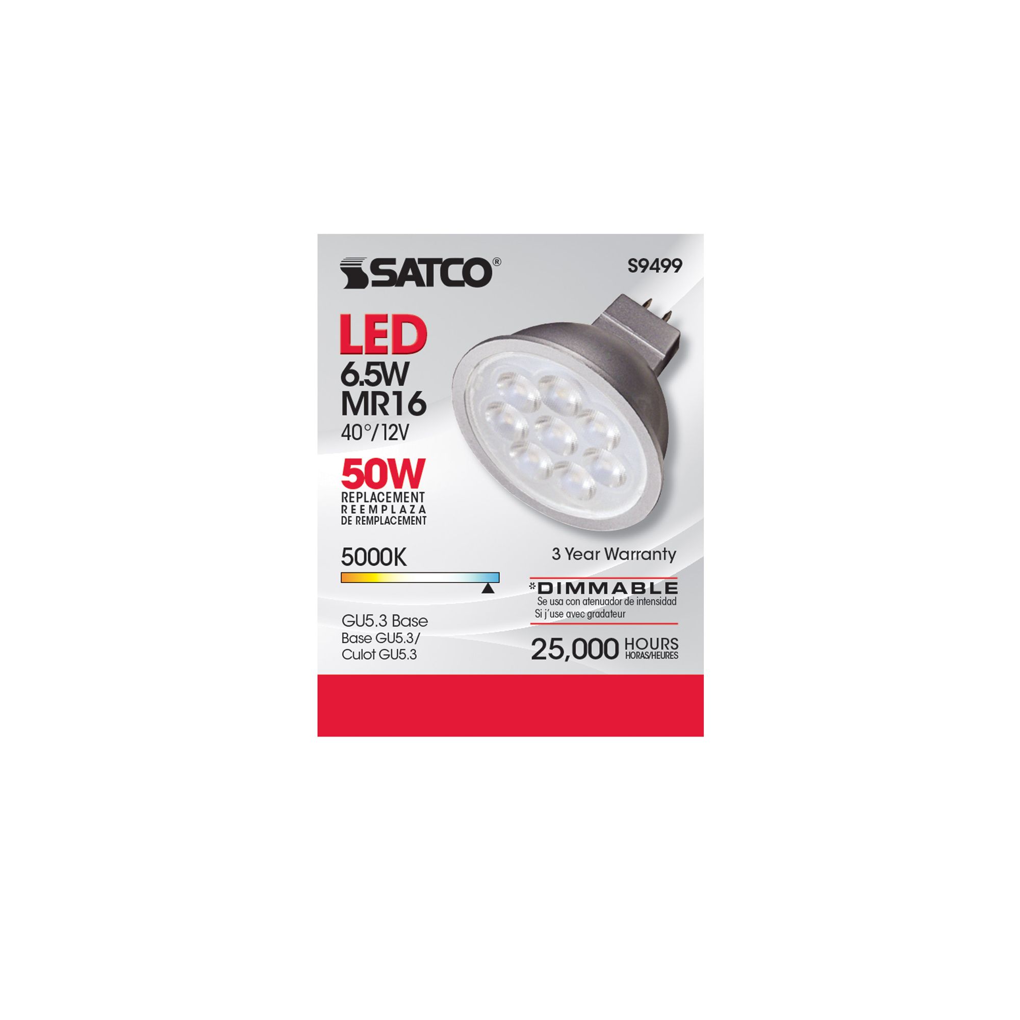 Image 3 50W Equivalent Satco Gray 6.5W LED 5000K 500L Dimmable GU5.3 more views