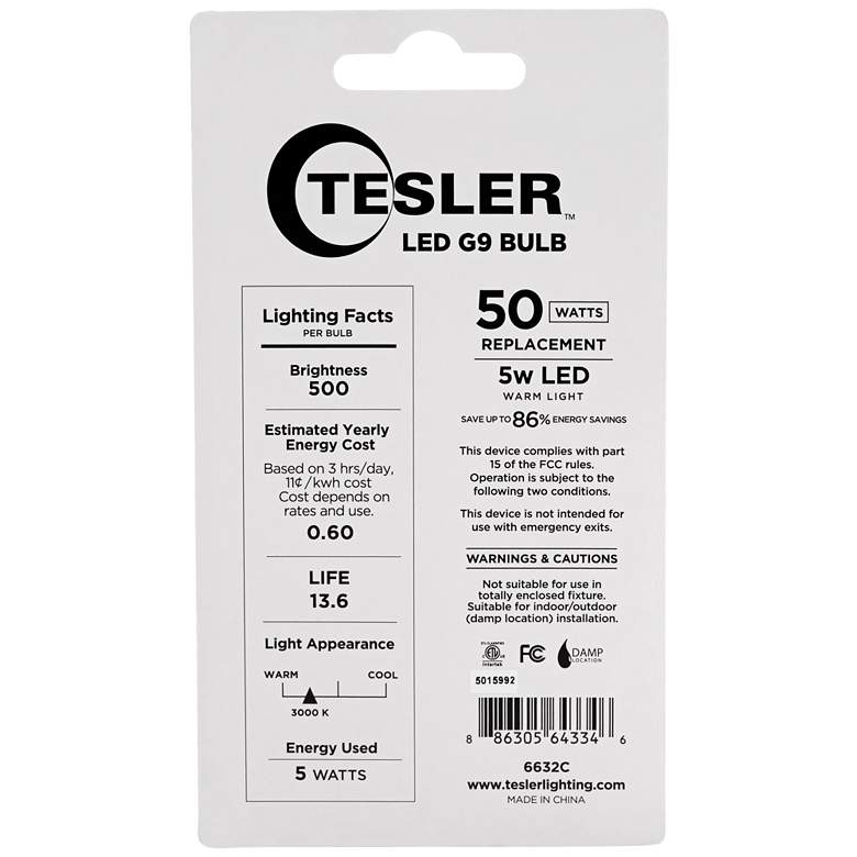 Image 3 50W Equivalent Tesler Clear 3000K 5W LED Dimmable G9 Bulb more views