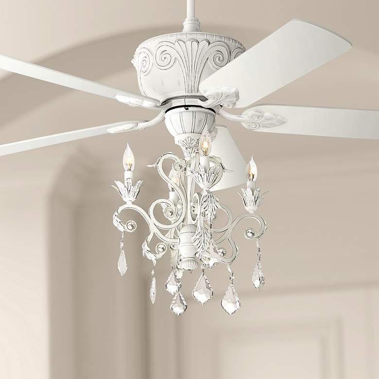 52&quot; Casa Deville Rubbed White Chandelier Ceiling Fan with Pull Chain