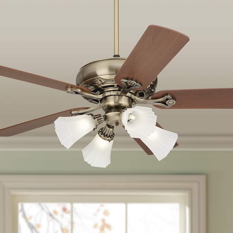 Image 1 52 inch Casa Trilogy Traditional Brass Square Glass Pull Chain Ceiling Fan