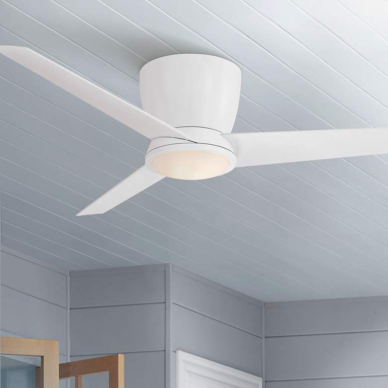Image 1 52 inch Casa Vieja Auria White Damp Rated LED Hugger Fan with Remote