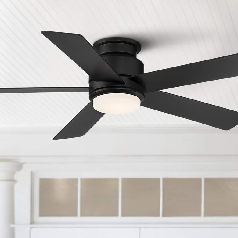Image 1 52 inch Casa Vieja Grand Palm Black Damp Rated LED Hugger Fan with Remote