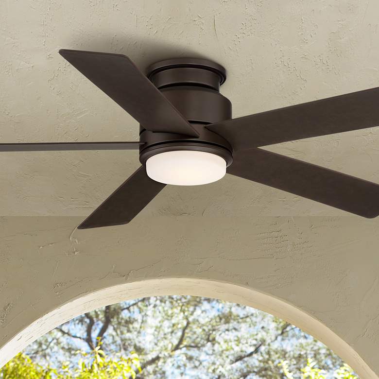 Image 1 52 inch Casa Vieja Grand Palm Bronze LED Damp Rated Hugger Fan with Remote