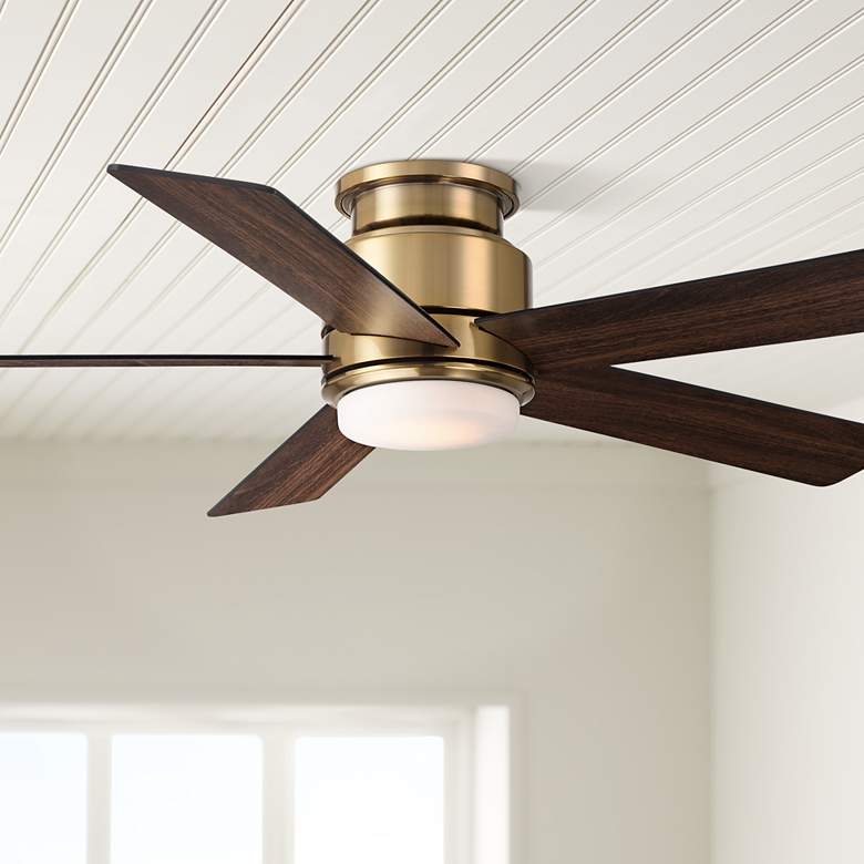 Image 1 52" Casa Vieja Grand Palm Soft Brass LED Damp Rated Hugger Fan