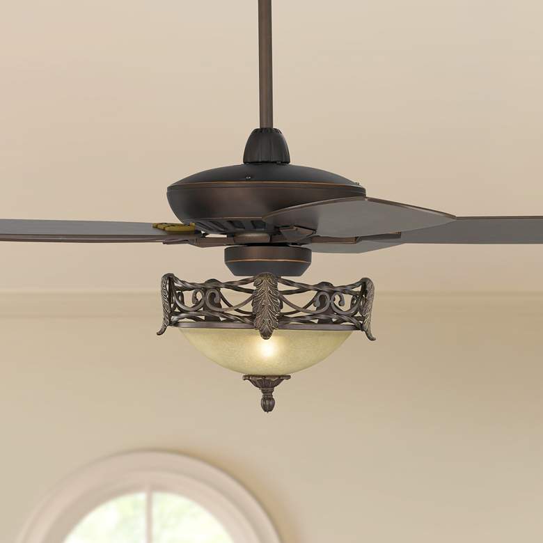 Image 1 52" Casa Vieja Journey Bronze Acanthus Scavo Glass LED Fan with Remote