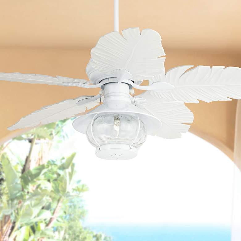 Image 1 52 inch Casa Vieja Tropical White Palm Leaf Outdoor LED Ceiling Fan