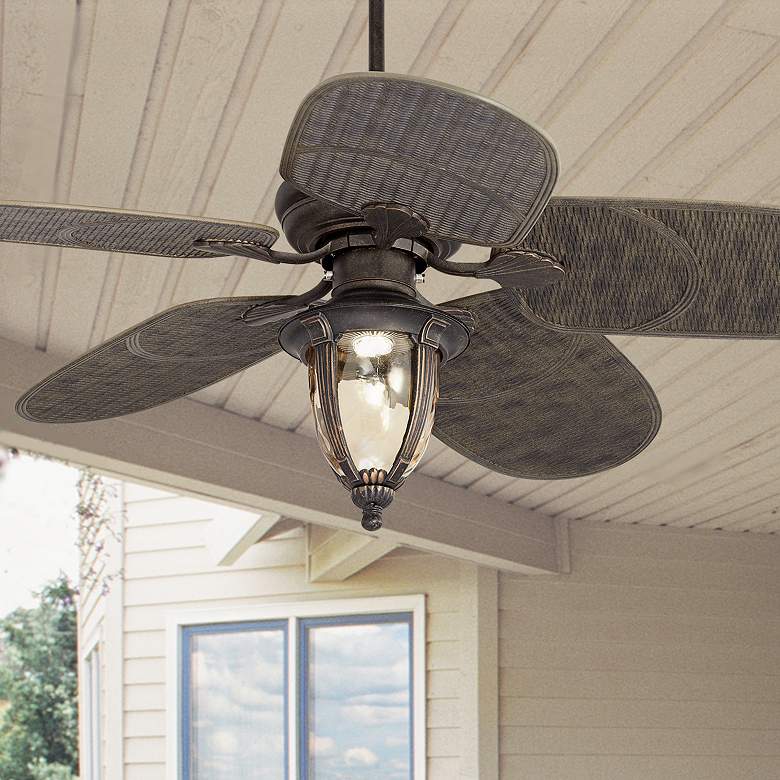 Image 1 52 inch Casa Vieja Veranda Rattan LED Damp Rated Pull Chain Ceiling Fan