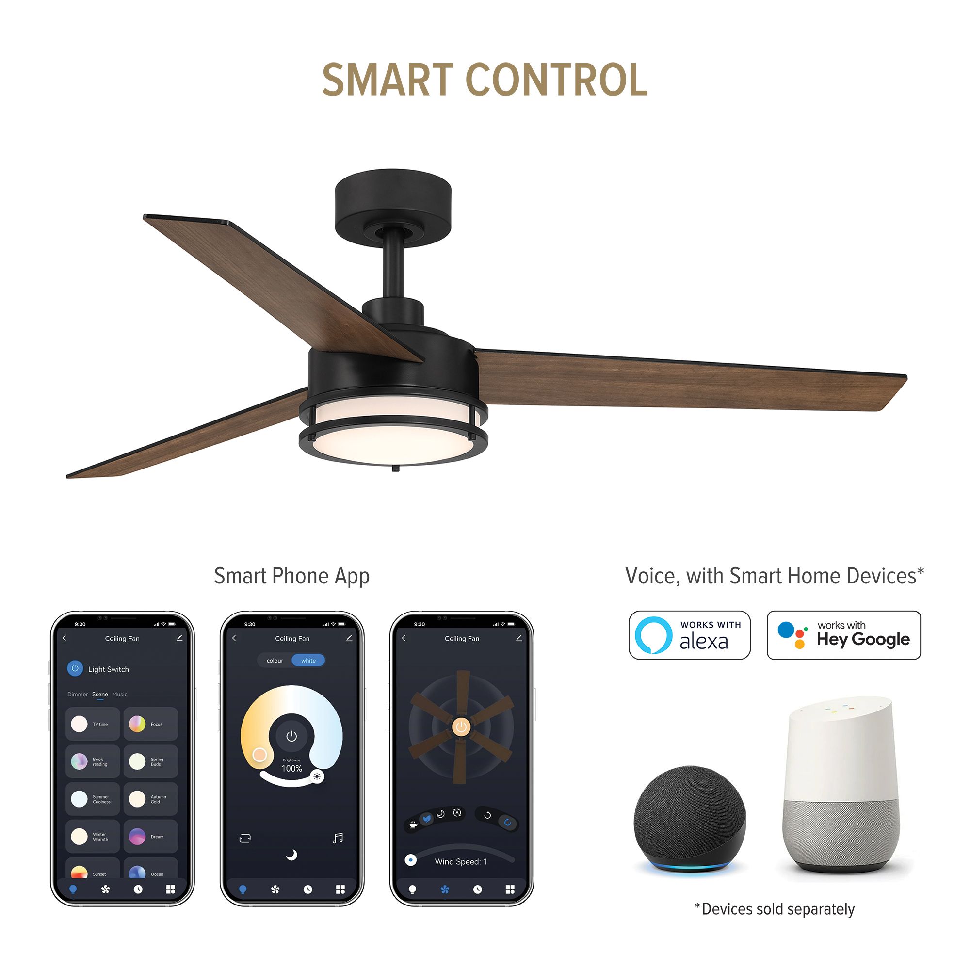 52" Cassini Matte Black LED Smart Ceiling Fan