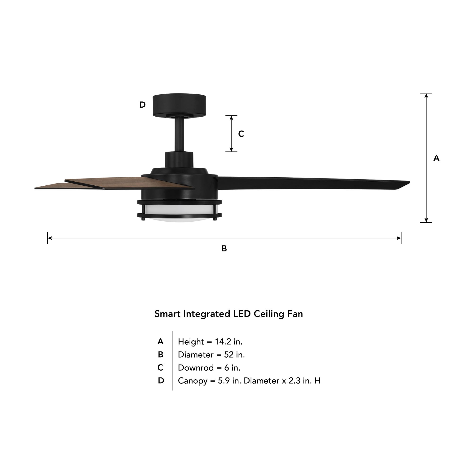 52" Cassini Matte Black LED Smart Ceiling Fan