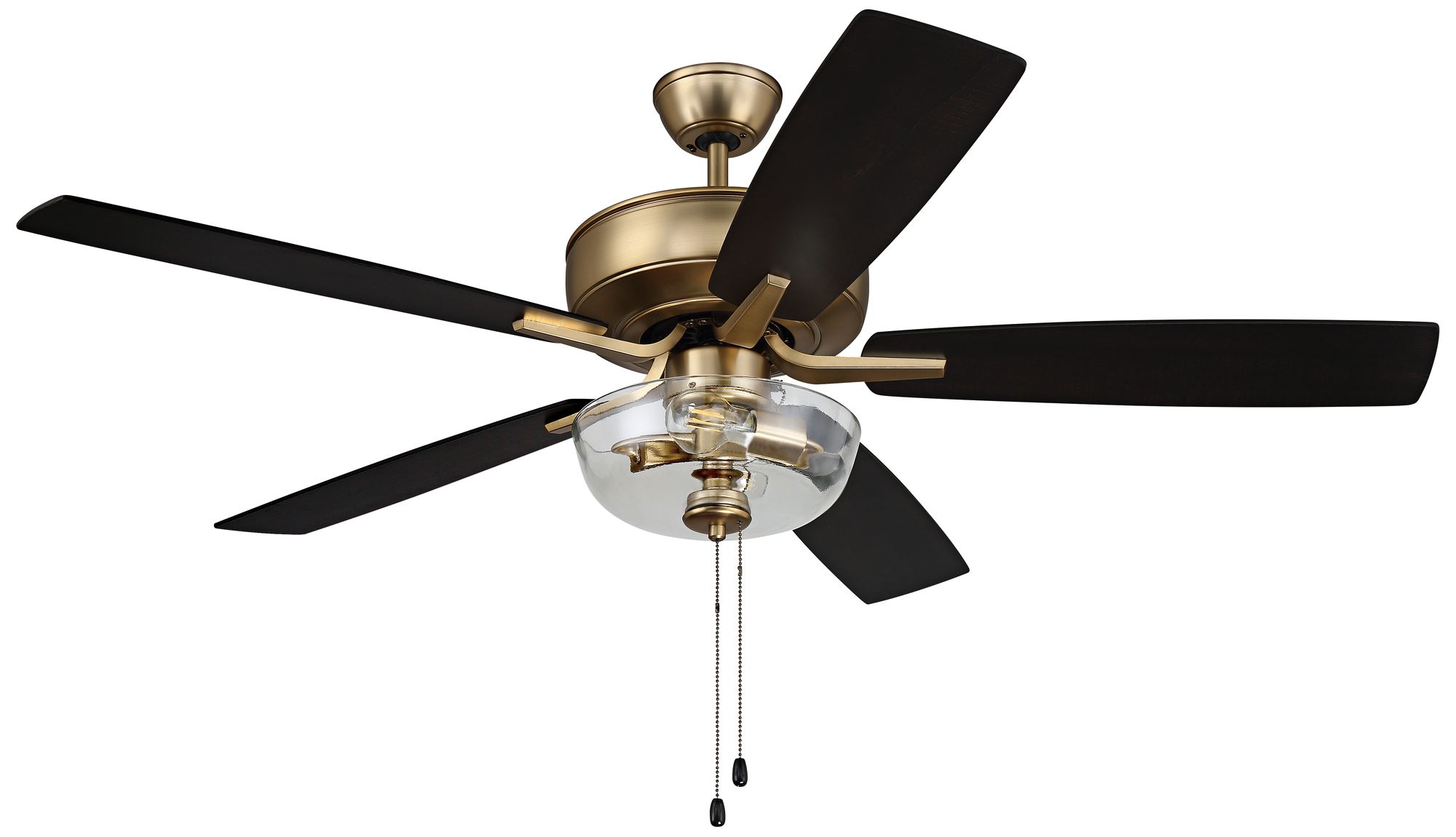 52" Craftmade Pro Plus Satin Brass Black LED Pull Chain Ceiling Fan in scene