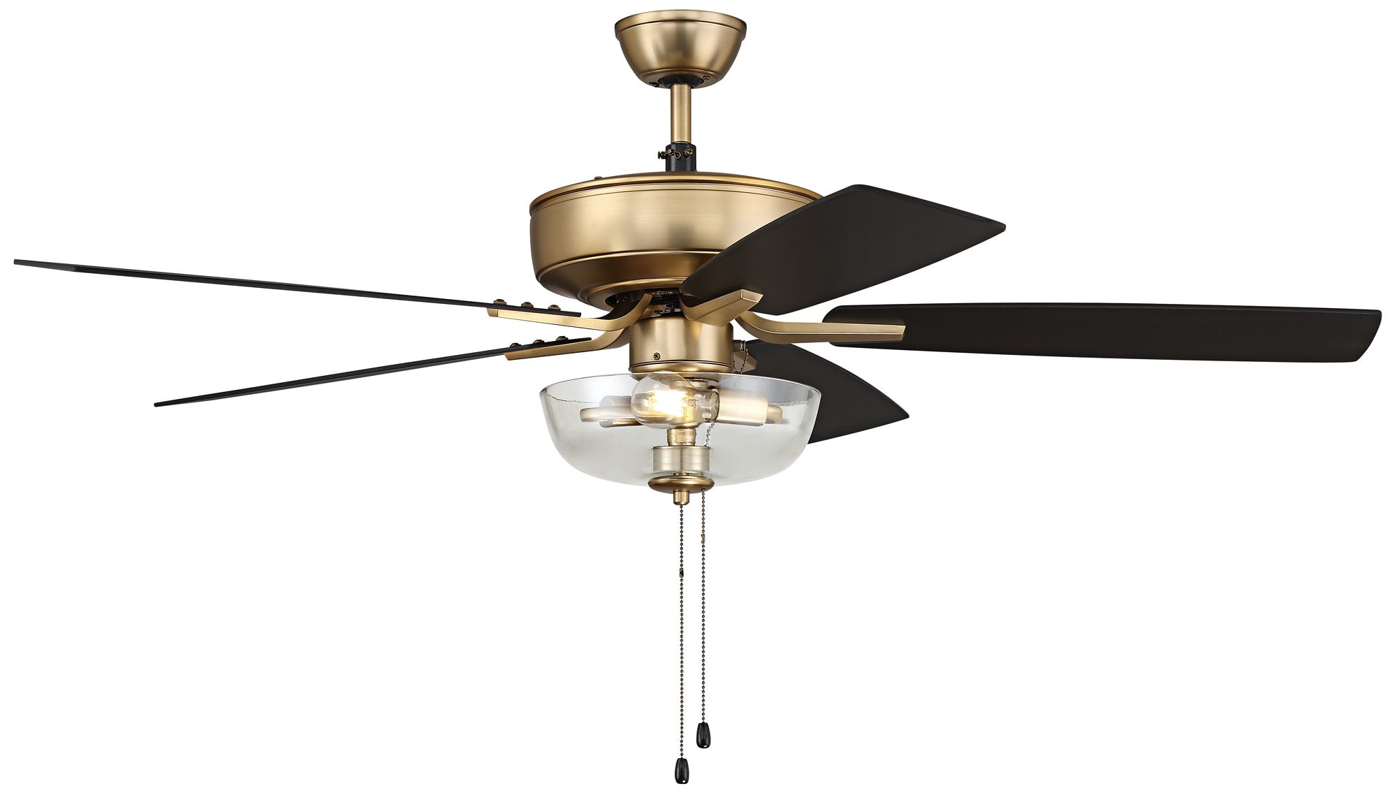 52" Craftmade Pro Plus Satin Brass Black LED Pull Chain Ceiling Fan in scene