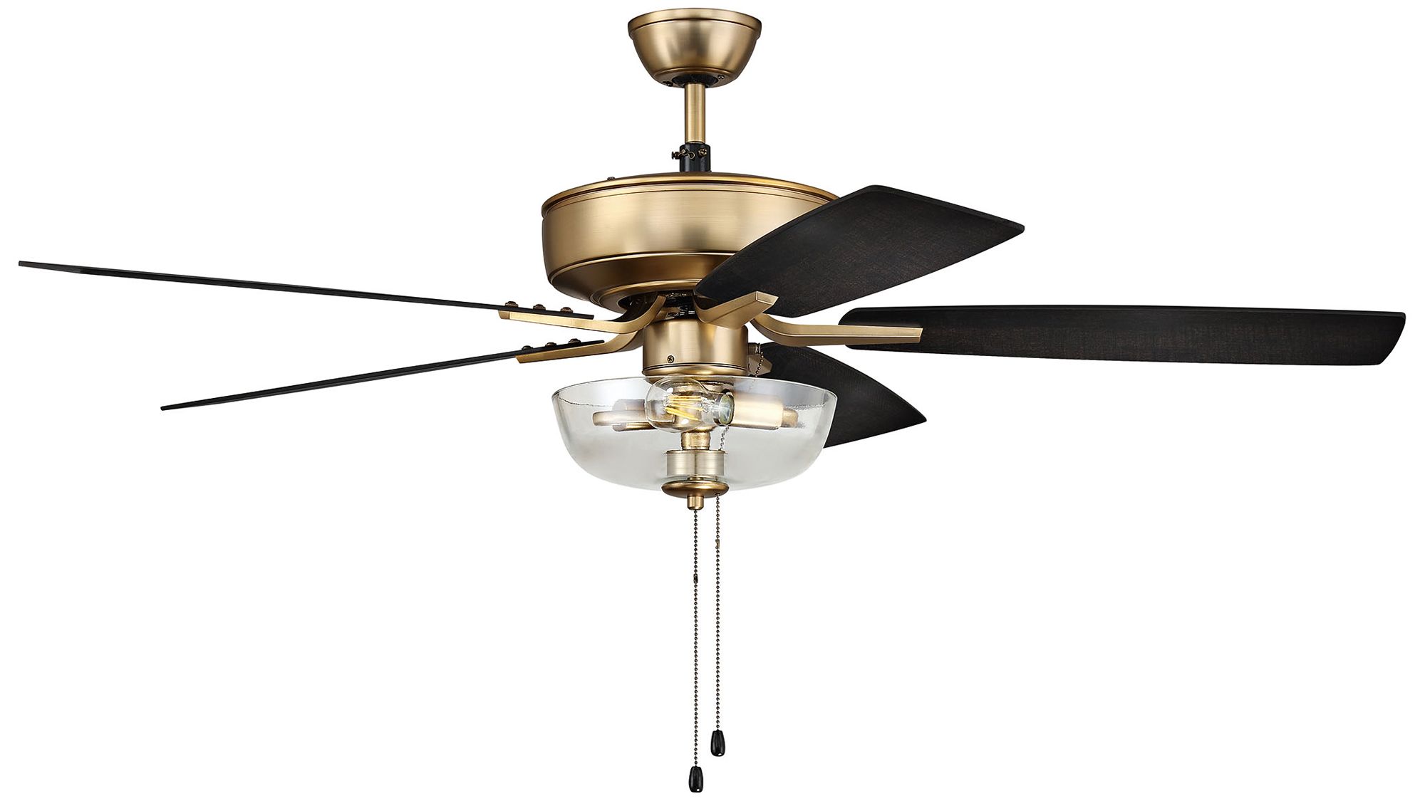 52" Craftmade Pro Plus Satin Brass Black LED Pull Chain Ceiling Fan in scene