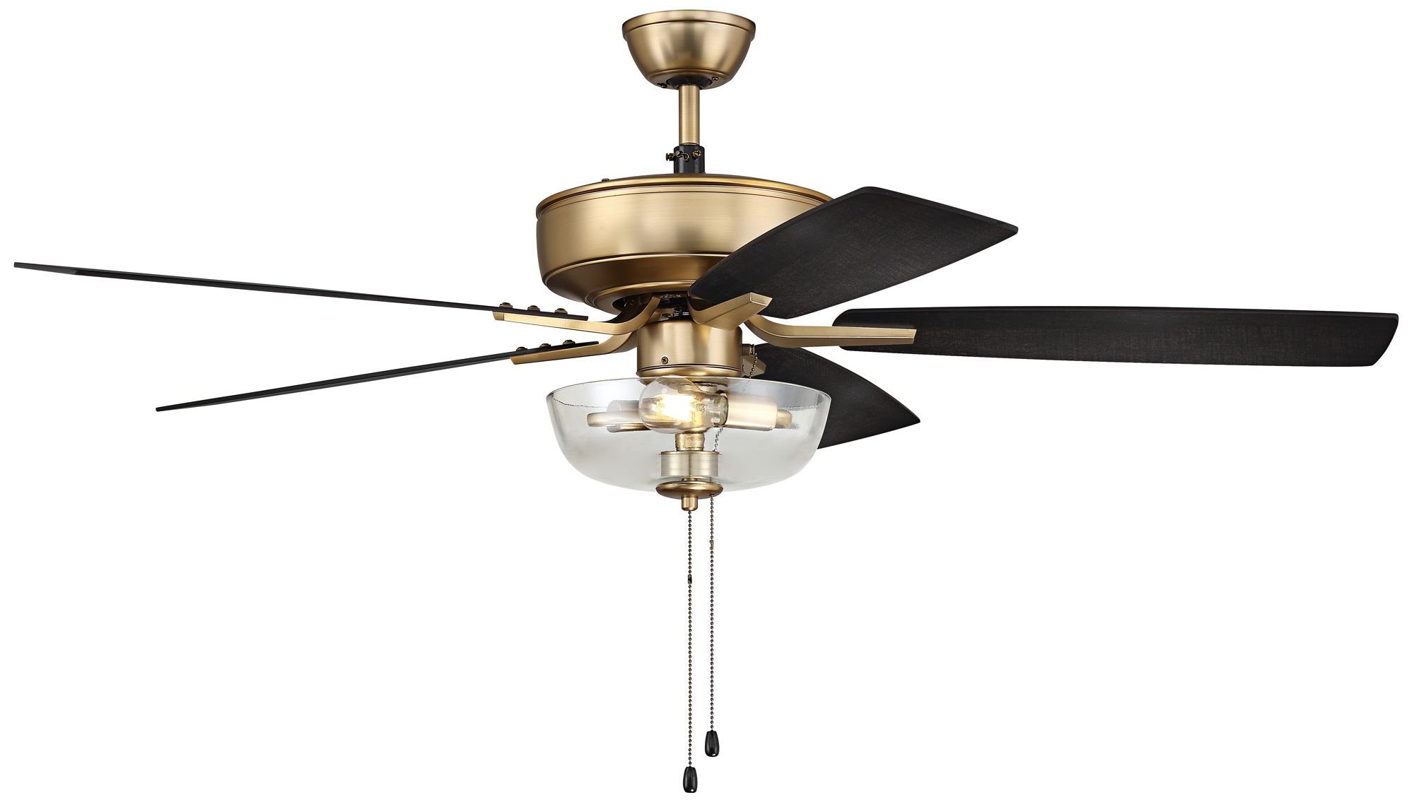 52" Craftmade Pro Plus Satin Brass Black LED Pull Chain Ceiling Fan in scene