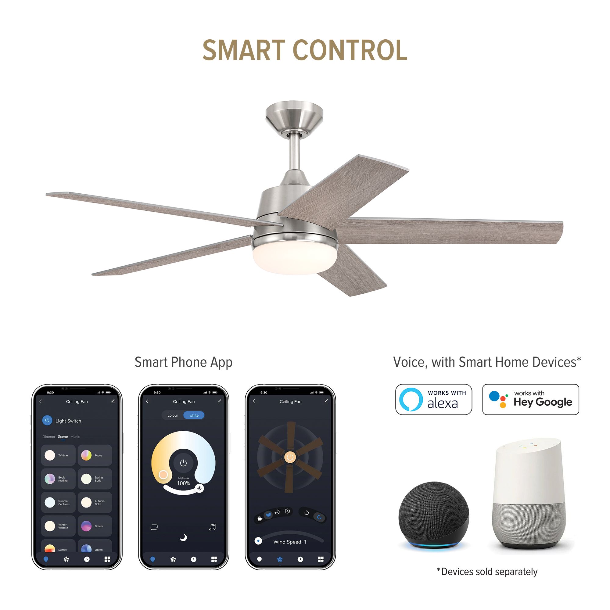 52" Designers Astrea LED Brushed Nickel LED Smart Ceiling Fan