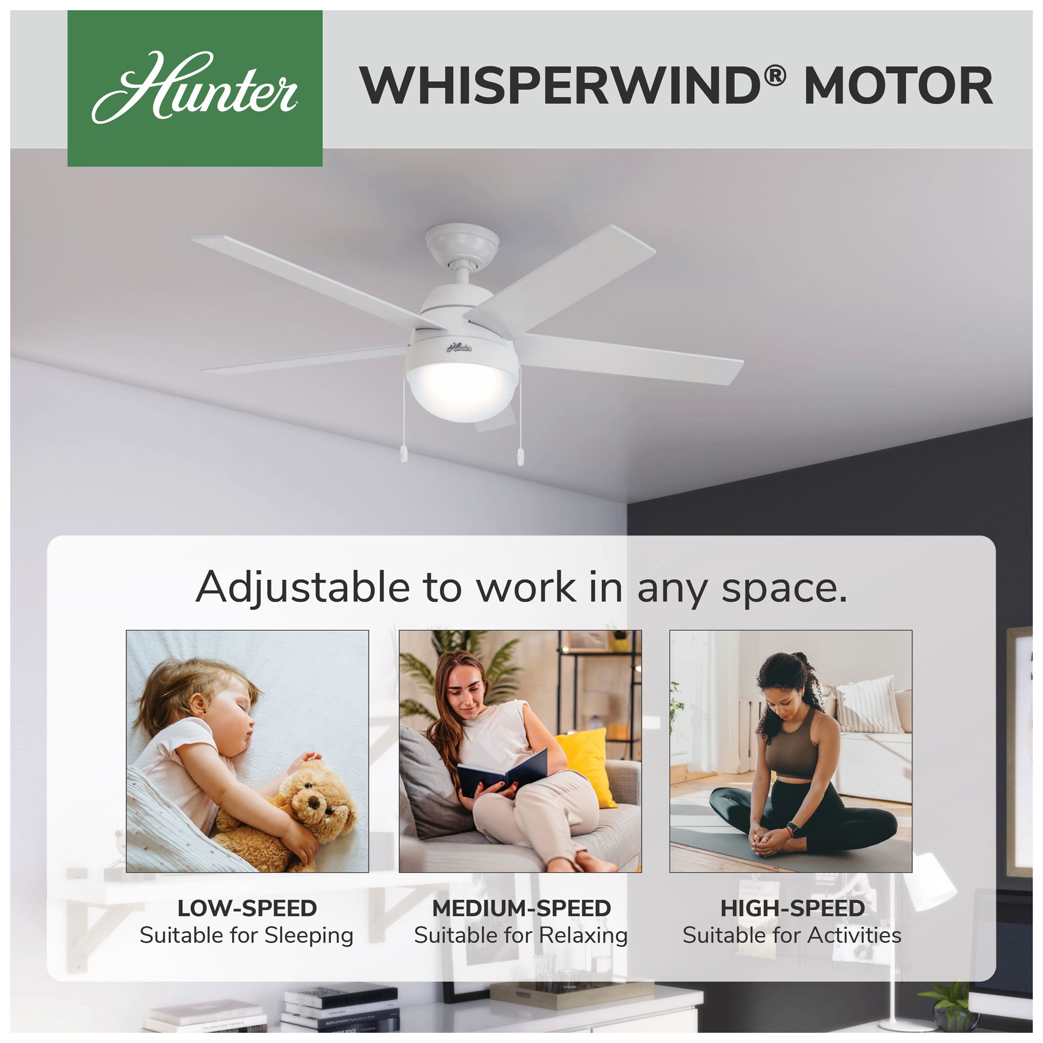 52" Hunter Anslee LED Fresh White Finish Ceiling Fan with Pull Chain